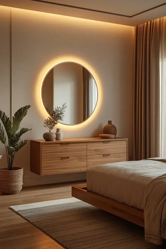 Round backlit mirror casting a warm glow above a wooden dresser in a cozy bedroom.