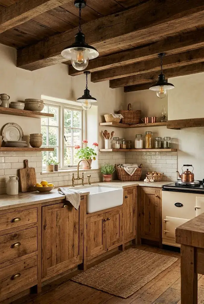 Rustic farmhouse kitchen with reclaimed wood cabinets, apron sink, and wooden beams.