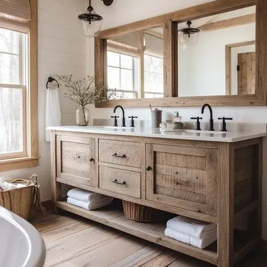 Rustic reclaimed wood bathroom cabinet with black handles, stone countertop, and natural farmhouse decor.