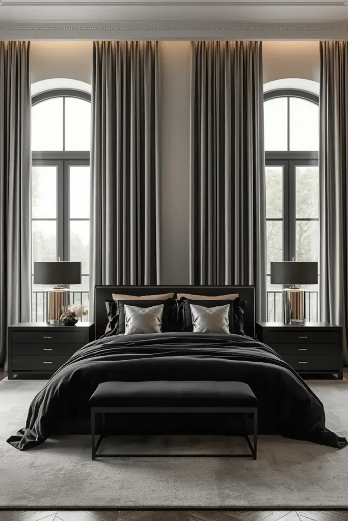 Silver floor-length curtains creating soft contrast with black bedroom furniture.
