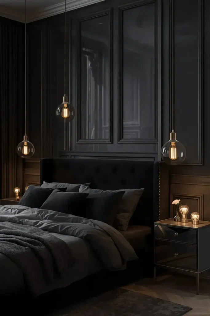 Silver lighting fixtures glowing warmly in a sophisticated black bedroom