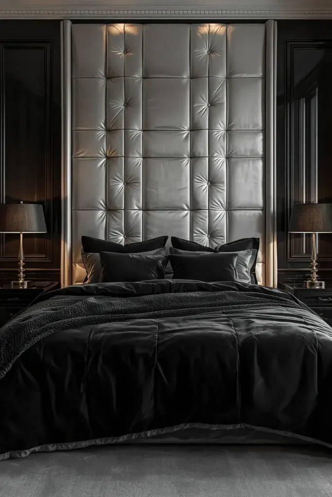 Silver upholstered headboard paired with black bedding in a luxurious bedroom.