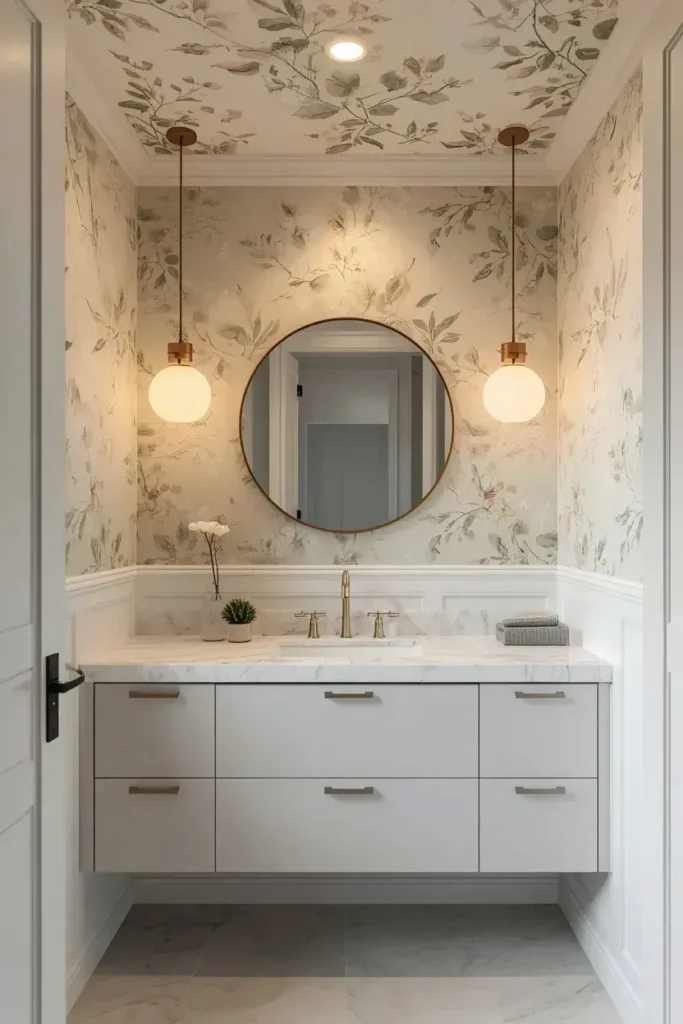 Small bathroom with a botanical wallpaper ceiling, white walls, floating vanity, and warm pendant lighting.
