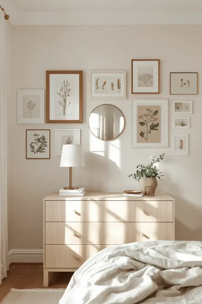 Small brass mirror surrounded by artwork in a neutral bedroom gallery wall.