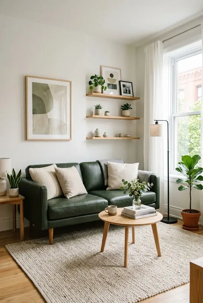 Small living room with compact green leather couch, white walls, round coffee table, and light neutral decorations.