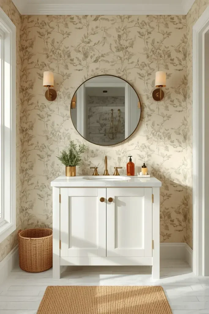 Soft botanical wallpaper bathroom with sage green leaves, white vanity, natural wood accents, and warm brass fixtures