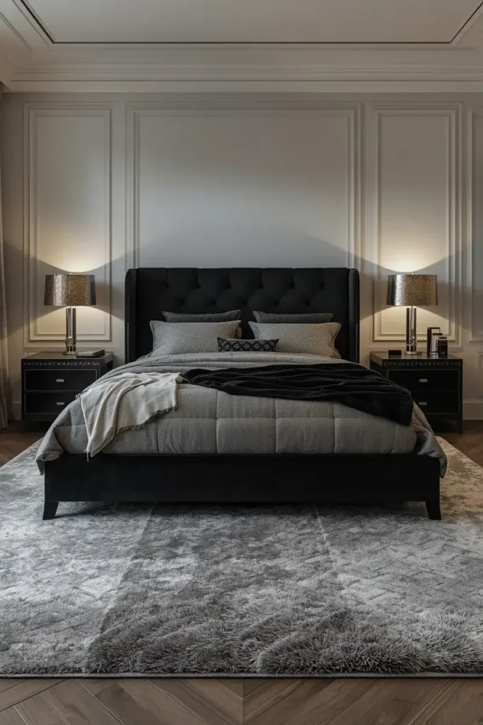 Soft gray area rug layered beneath a black and silver bedroom.