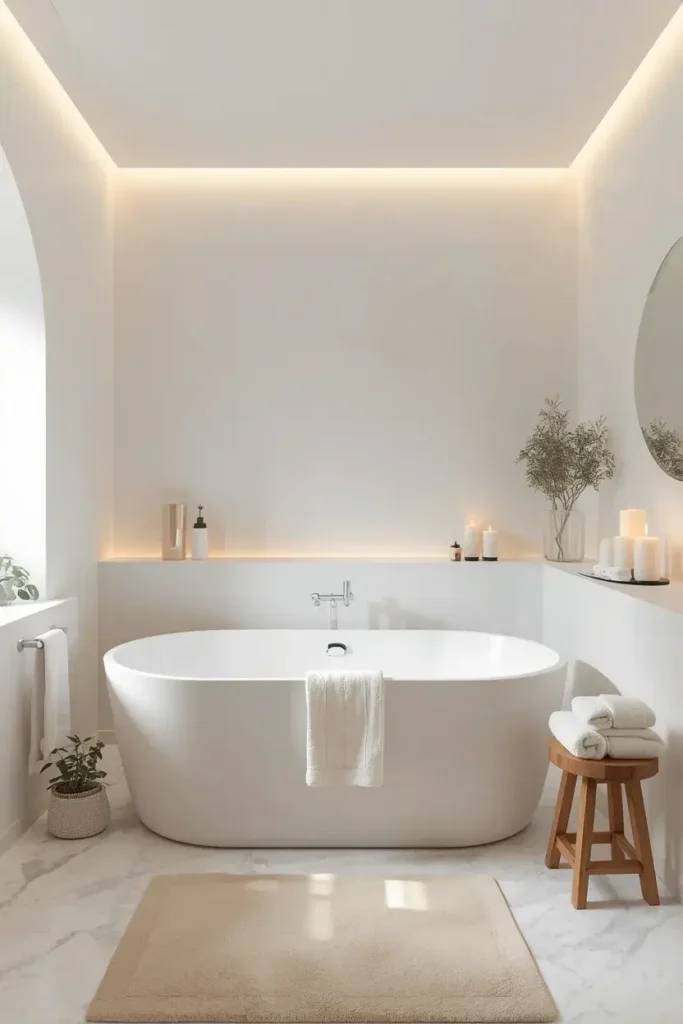 Soft white bathroom styled like a peaceful luxury home spa.