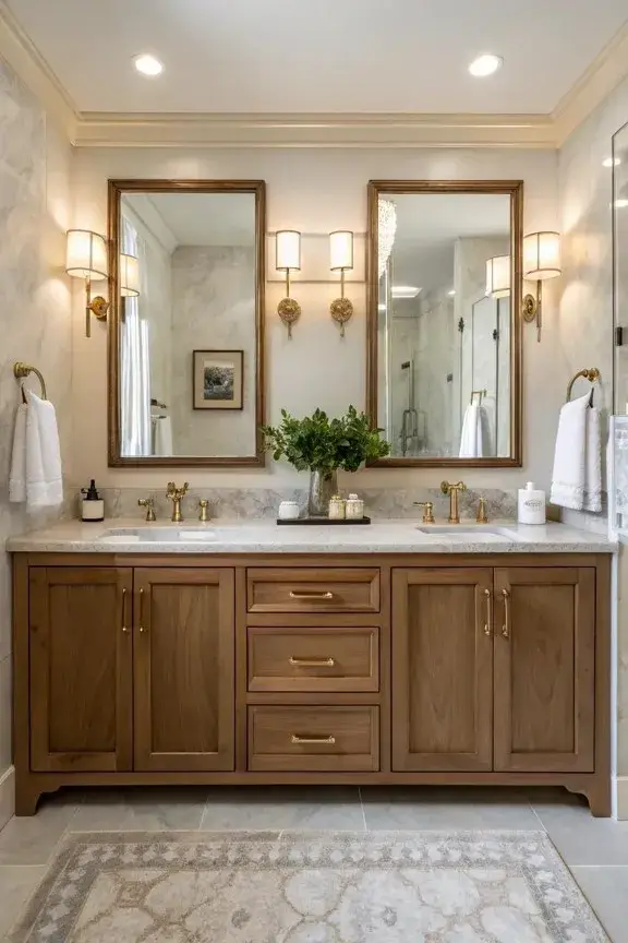 Spacious double sink bathroom cabinet with natural wood drawers, marble countertop, and two elegant mirrors.