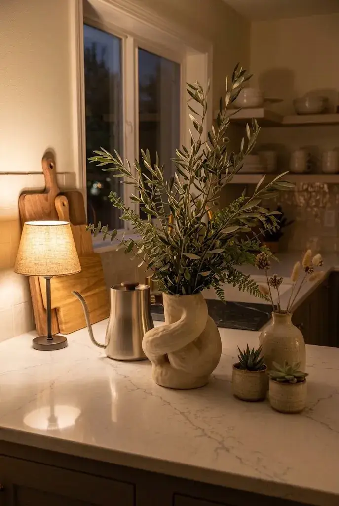 Stylish ceramic vase with olive branches displayed on a kitchen counter.