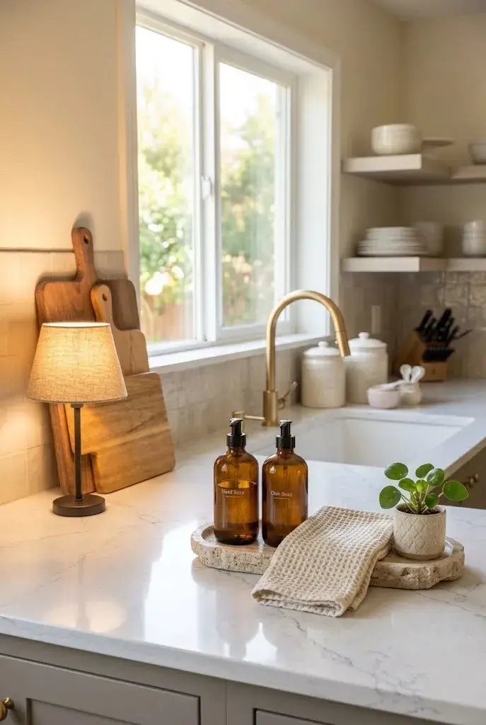 Stylish soap dispensers and greenery decorating a kitchen sink counter.