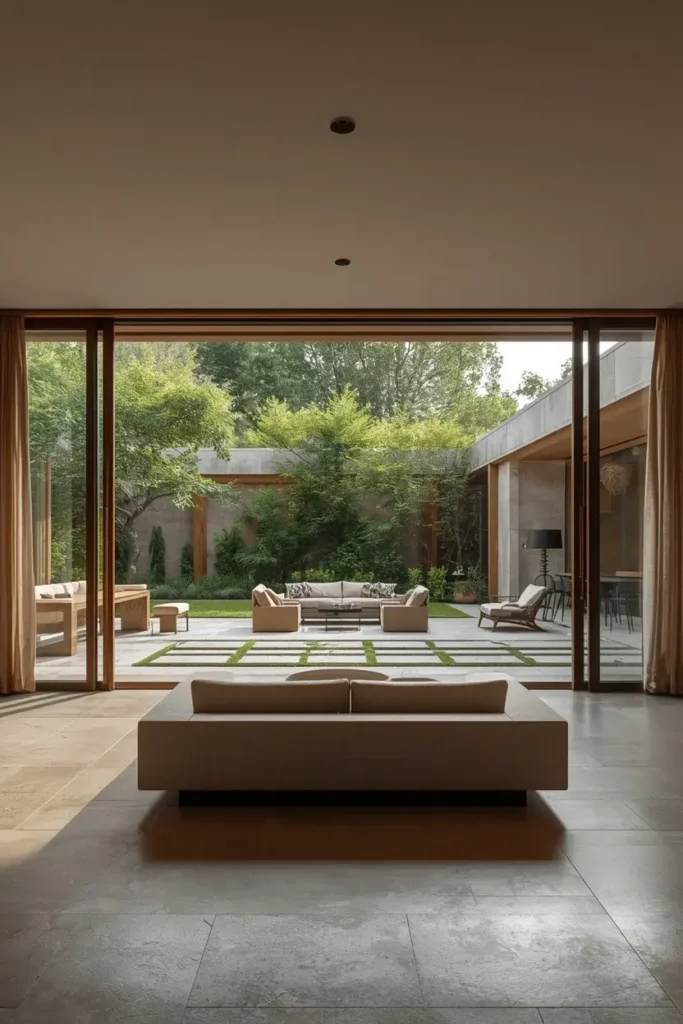 Sunken living room connected to a garden patio through wide glass doors