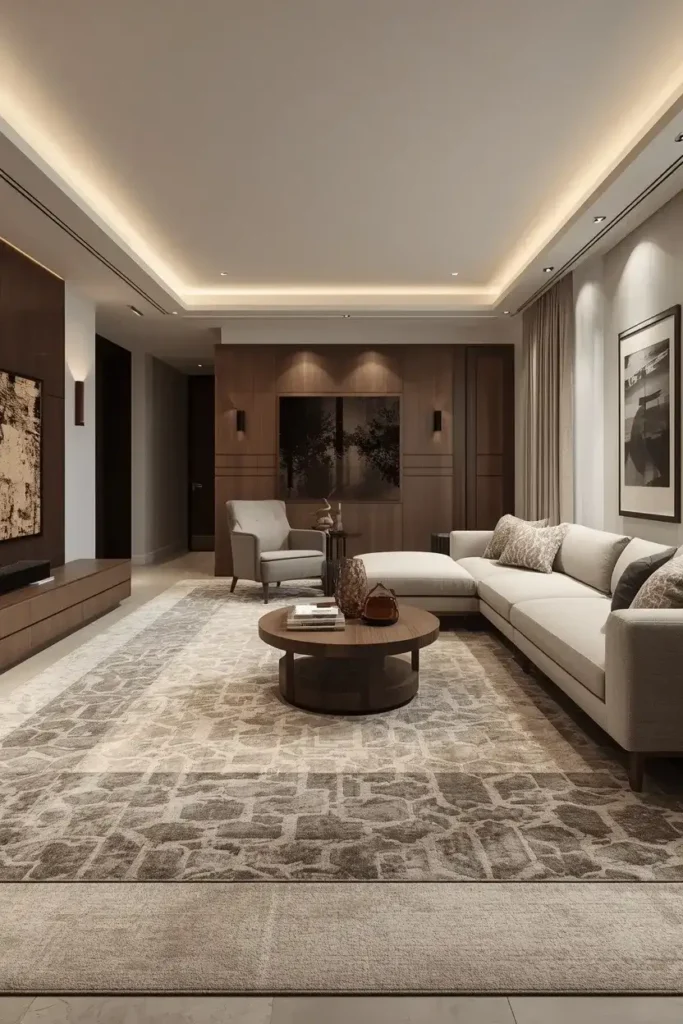 Sunken living room featuring a large neutral geometric area rug and cozy sectional.
