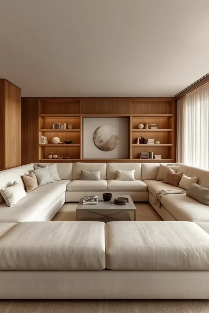 Sunken living room with custom built-in seating, cream cushions, and open shelving.