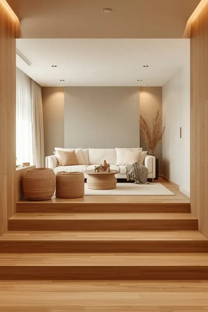 Sunken living room with warm oak steps, cream furniture, and natural textures