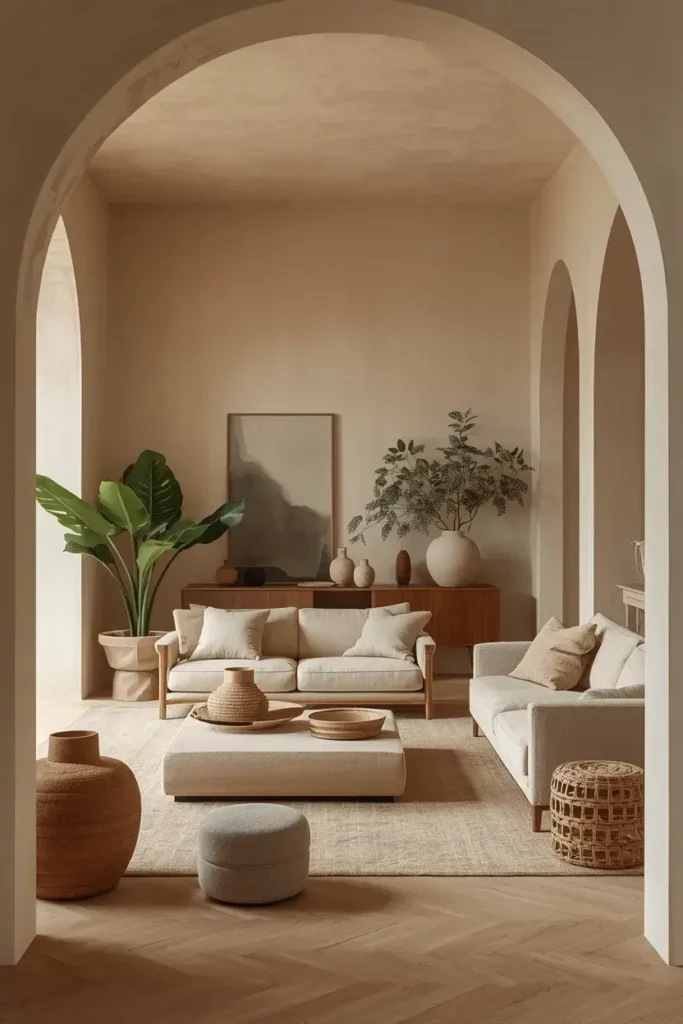 Timeless sunken living room with cream furniture, natural wood, stone, and greenery.