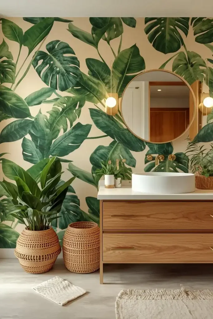 Tropical bathroom with large green leaf wallpaper, natural wood vanity, rattan baskets, and brass fixtures.