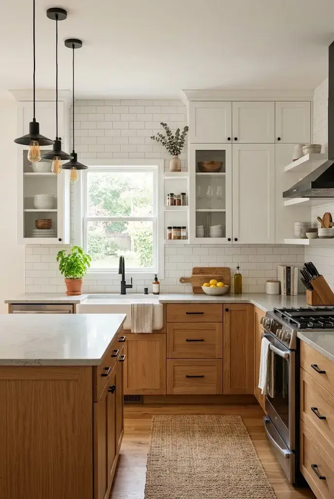 Two-tone kitchen with natural wood lower cabinets and white upper cabinets.