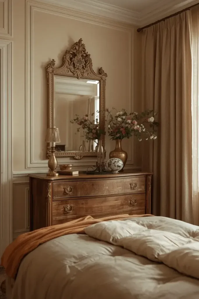 Vintage carved mirror above a dresser in a warm romantic bedroom.
