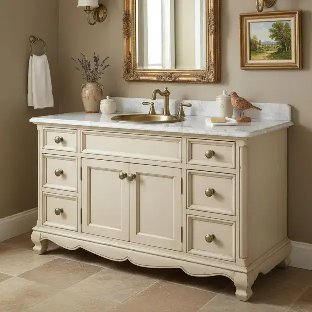 Vintage cream bathroom cabinet with antique brass handles, marble countertop, and classic floral bathroom decor