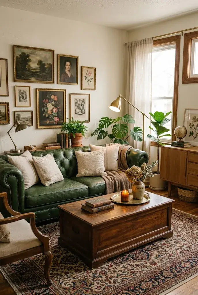 Vintage-inspired living room with green leather couch, antique wooden coffee table, patterned rug, and brass floor lamp.