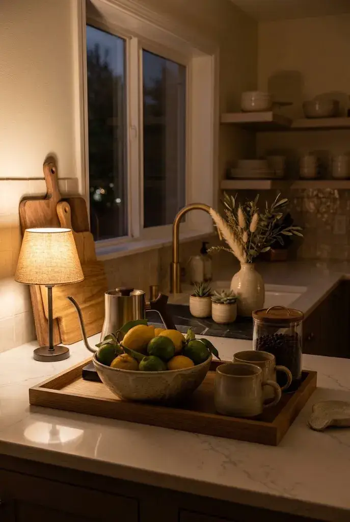 Warm accent lighting creating a cozy atmosphere on a kitchen counter.