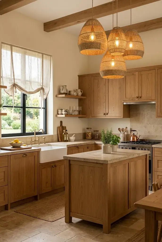 Warm kitchen with oak cabinets, creamy beige walls, and natural woven accents.