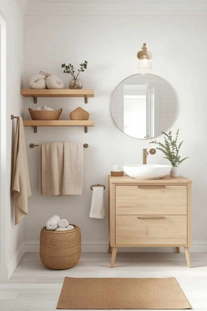 White bathroom with warm natural wood accents and cozy neutral decor.