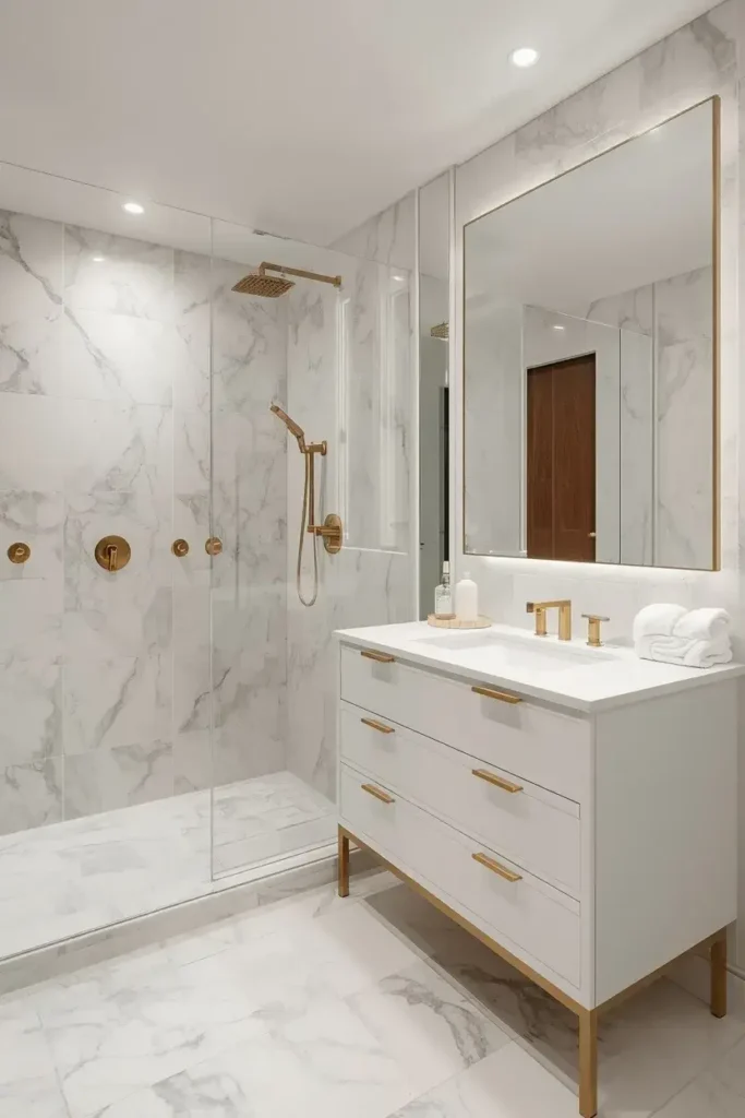 White marble bathroom with soft gray veining and elegant warm accents.
