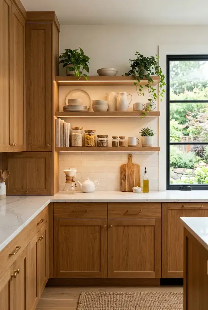 Wood cabinet kitchen featuring open shelves styled with pottery, plants, and glass jars.