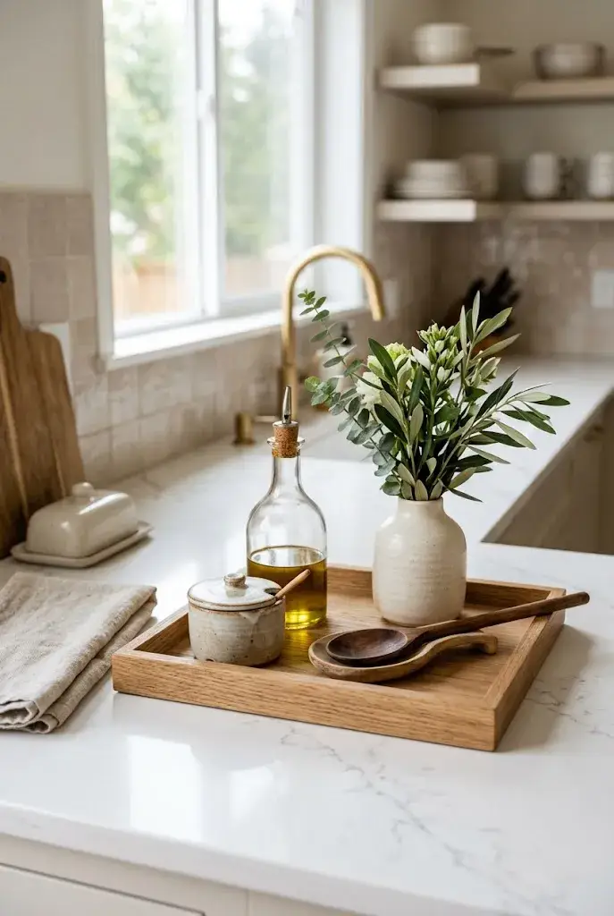 Wooden tray with everyday essentials styled on a warm kitchen counter.