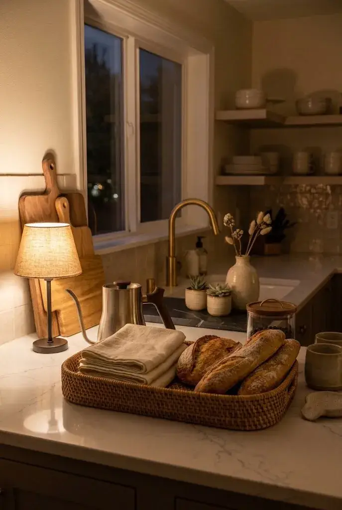 Woven basket adding natural texture and storage to kitchen counter decor.