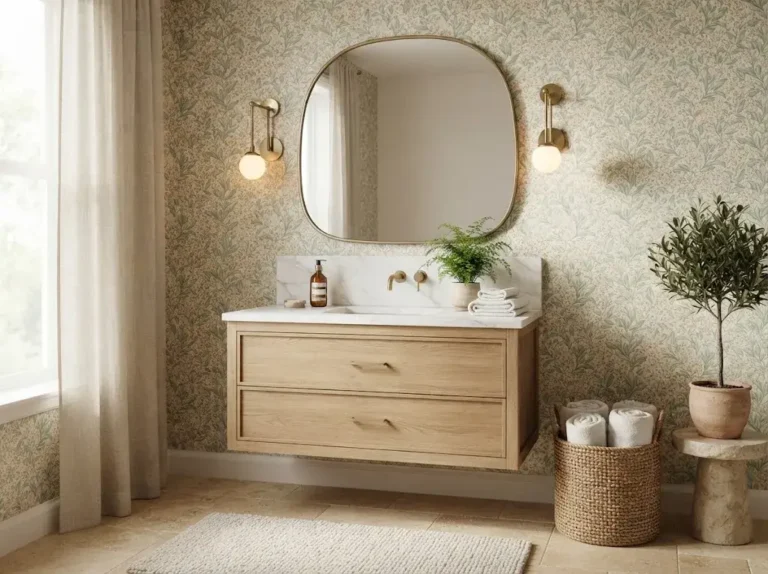 Beautiful bathroom wallpaper ideas featuring sage green botanical prints, natural wood vanity, rounded mirror, brass fixtures, and elegant spa-inspired décor.