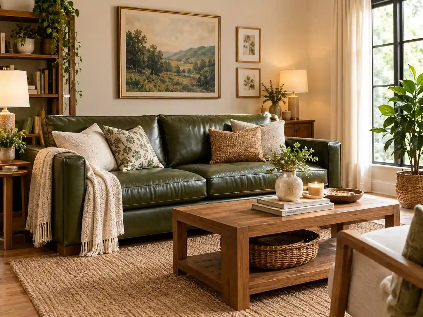 Beautiful green leather couch living room with warm beige walls, natural wood coffee table, cream knitted throw, botanical cushions, and cozy earthy decorations.