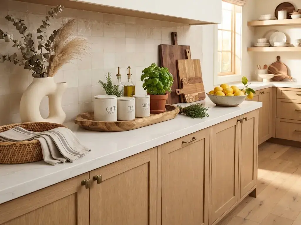 Beautiful kitchen counter decor with wood accents, greenery, ceramic pieces, and fresh lemons.