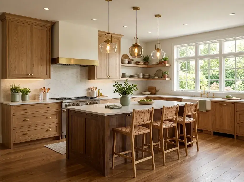 Beautiful kitchen with warm natural wood cabinets, white countertops, marble backsplash, brass hardware, and cozy natural lighting.
