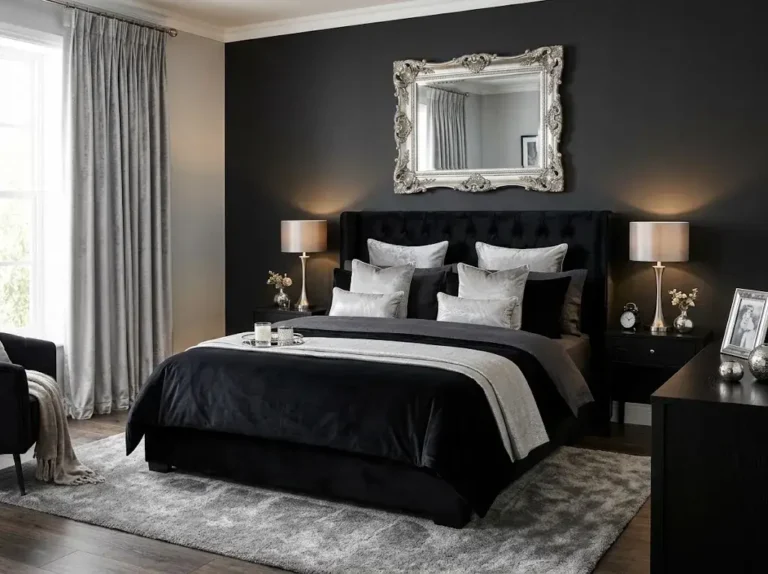 Elegant black and silver bedroom with luxurious bedding, silver accents, a black accent wall, and warm lighting