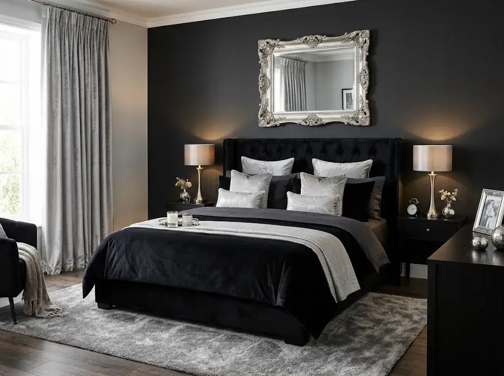 Elegant black and silver bedroom with luxurious bedding, silver accents, a black accent wall, and warm lighting