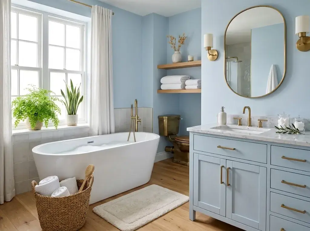 Elegant light blue bathroom with powder blue walls, white bathtub, blue vanity, marble countertop, brass fixtures, wooden shelves, and green plants.